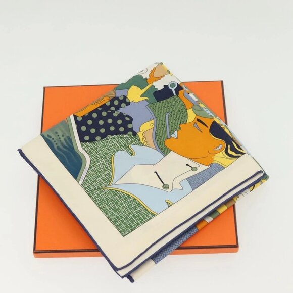 HERMES Carre 90 Scarf ""CA DECOIFFE!"" Silk Beige Auth 137450M - Picture 13 of 13